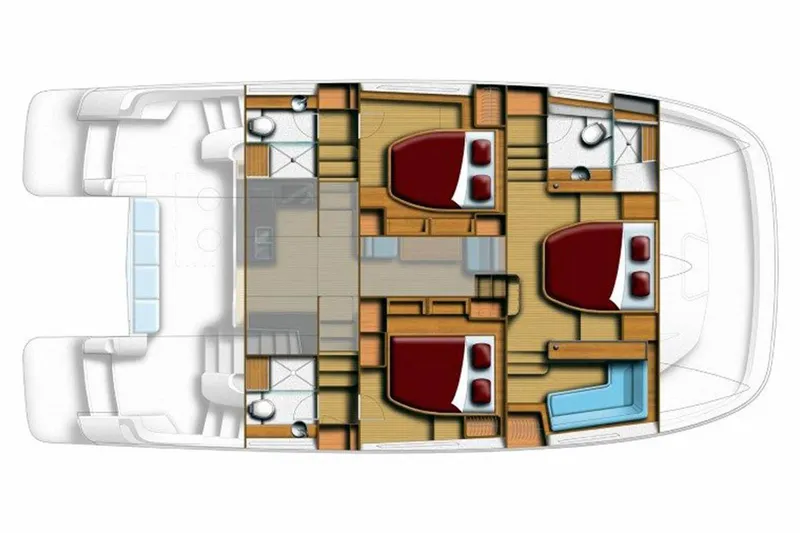 Gr8 Day Yacht Photos Pics Floor plan of 2018 Aquila 44 Yacht, featuring three bedrooms and bathrooms.