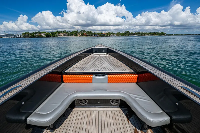 Fightertown Yacht Photos Pics Luxurious 2019 Technohull OMEGA 45 yacht with sleek seating and scenic ocean view.