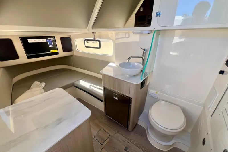  Yacht Photos Pics Interior of 2026 Scout 357 LXF boat with modern amenities and sleek design.