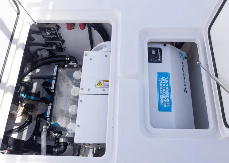  Yacht Photos Pics 2025 Invincible 43 Open Fisherman boat engine compartment with Seakeeper 3 stabilization system.