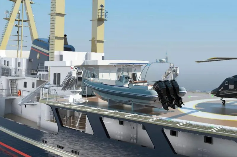  Yacht Photos Pics Expedition vessel with tender and helicopter on deck, SCHICHAU UNTERWESER AG, 1974 model.