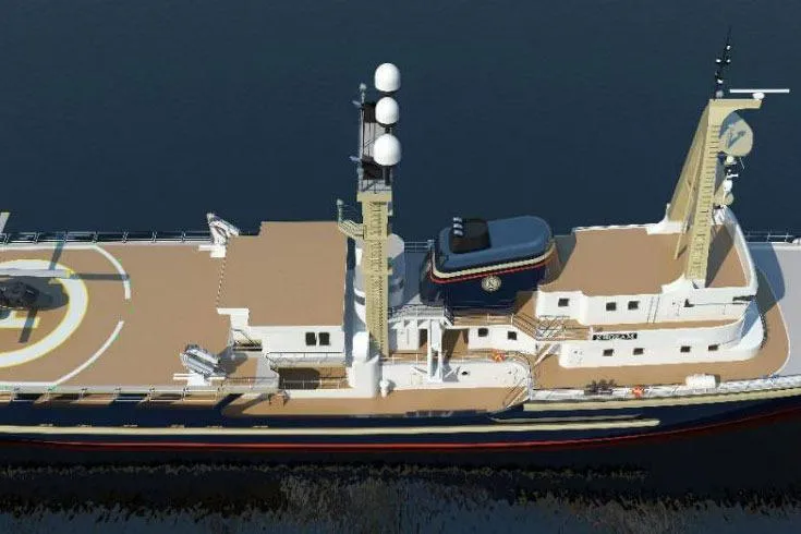  Yacht Photos Pics Aerial view of 1974 SCHICHAU UNTERWESER AG Expedition Vessel, 253ft, with helipad and communication towers.