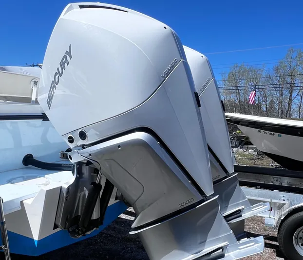  Yacht Photos Pics Twin Mercury outboard engines on a 2022 Steiger Craft 31 Chesapeake boat.