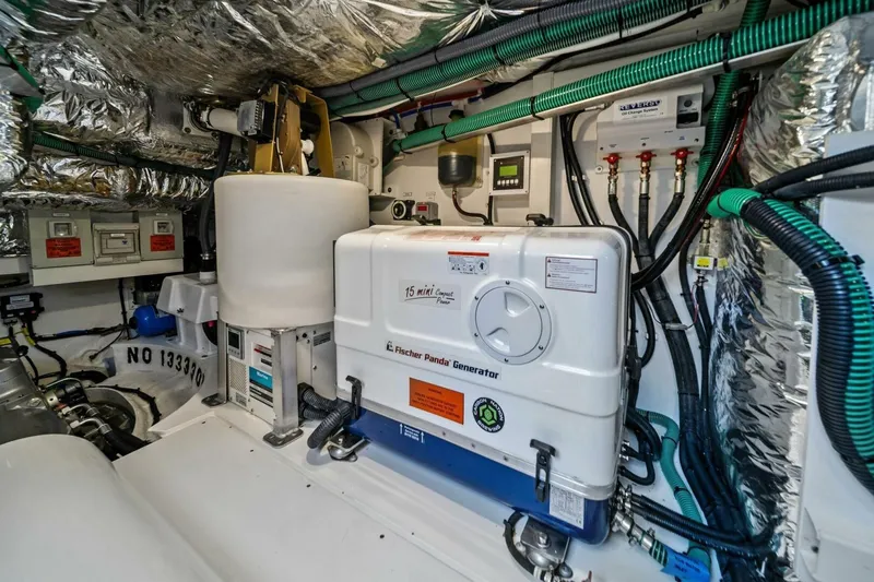 R&r Yacht Photos Pics Engine room of 2023 Princess F50 yacht with Fischer Panda generator and wiring.