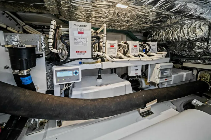 R&r Yacht Photos Pics Engine room of 2023 Princess F50 yacht with Dometic systems and insulated piping.
