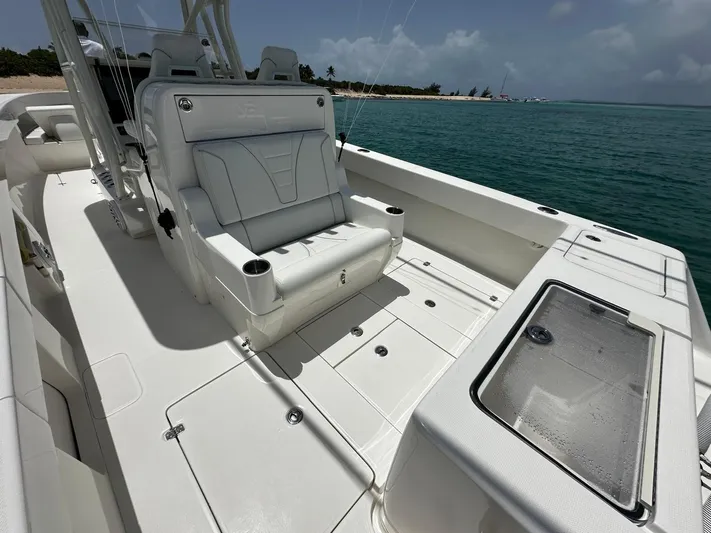  Yacht Photos Pics 2024 SeaVee 340Z boat interior with white seating and ocean view.