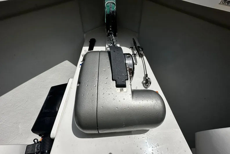  Yacht Photos Pics 2024 SeaVee 340Z boat anchor system with wet surface and tools.