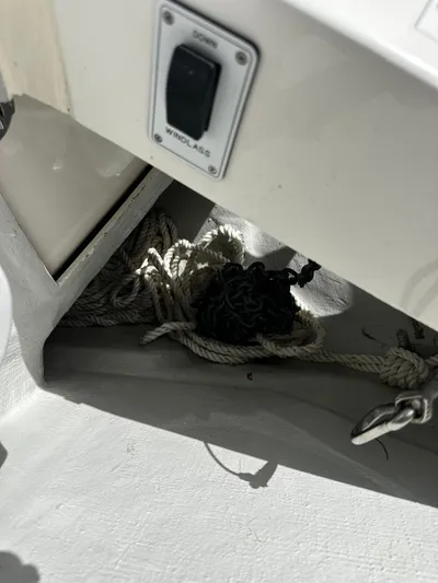  Yacht Photos Pics 2024 SeaVee 340Z boat anchor storage with ropes and windlass switch.