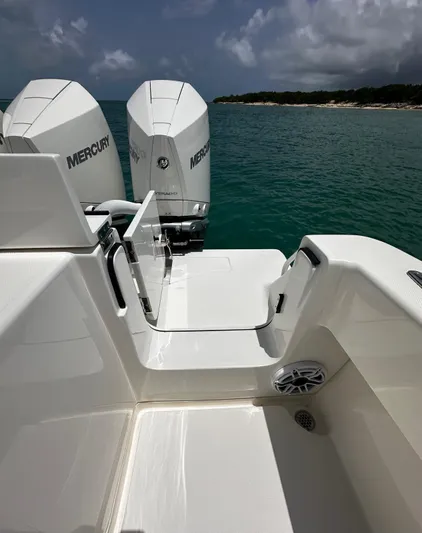  Yacht Photos Pics 2024 SeaVee 340Z boat with twin Mercury engines on a calm sea.