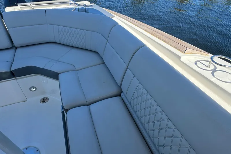 C3 Yacht Photos Pics Luxurious seating on 2022 Sea Ray SLX 400 Outboard boat, featuring elegant diamond stitching.