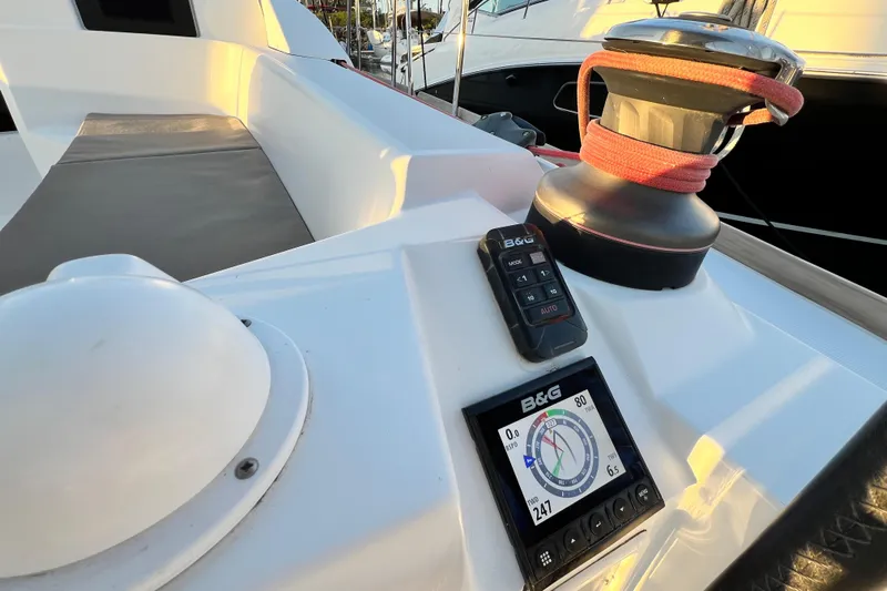  Yacht Photos Pics Close-up of Jeanneau 379 sailboat deck with B&G navigation equipment, 2014 model.