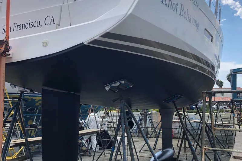  Yacht Photos Pics 2014 Jeanneau 379 sailboat in dry dock, San Francisco, CA, undergoing maintenance.