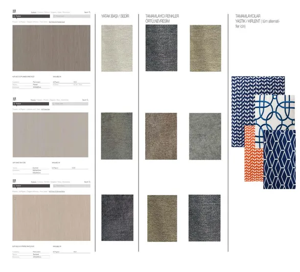 Elif Yacht Photos Pics Fabric swatches for Soyaslan CAT63 2022 model, featuring various textures and colors.