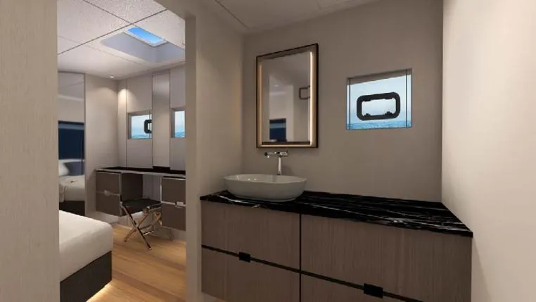 Elif Yacht Photos Pics Luxurious Soyaslan CAT63 yacht interior with modern bathroom and bedroom, 2022 model.