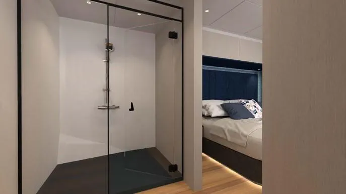 Elif Yacht Photos Pics Modern yacht interior with glass shower and cozy bedroom, Soyaslan CAT63, 2022 model.
