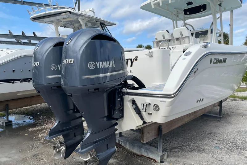 Intensity 2 Yacht Photos Pics 2015 Century 2901 Center Console boat with twin Yamaha 300 engines on display.