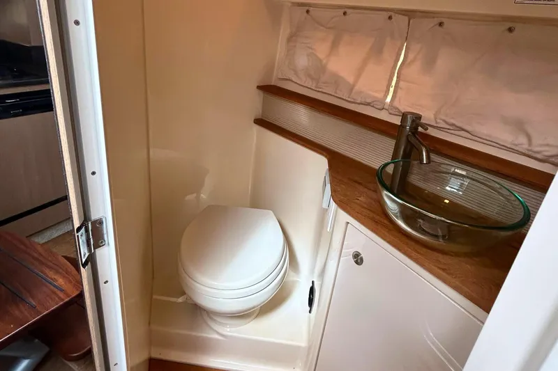 Yacht Photos Pics 2017 Sea Ray Sundancer 350 Coupe bathroom with modern sink and toilet.