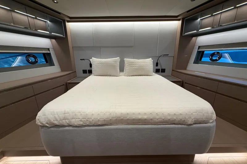  Yacht Photos Pics Luxurious bedroom interior of 2026 Pardo Yachts GT75 with modern design and elegant furnishings.