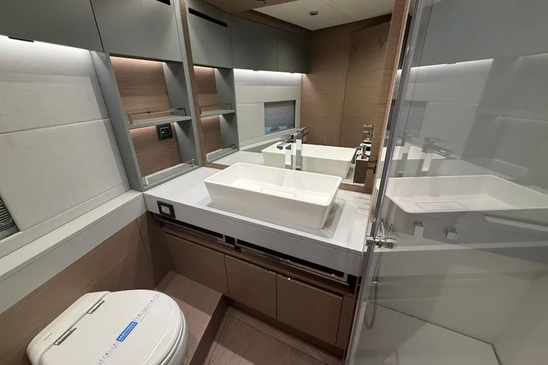  Yacht Photos Pics Luxurious bathroom interior of 2026 Pardo Yachts GT75 with modern fixtures and elegant design.