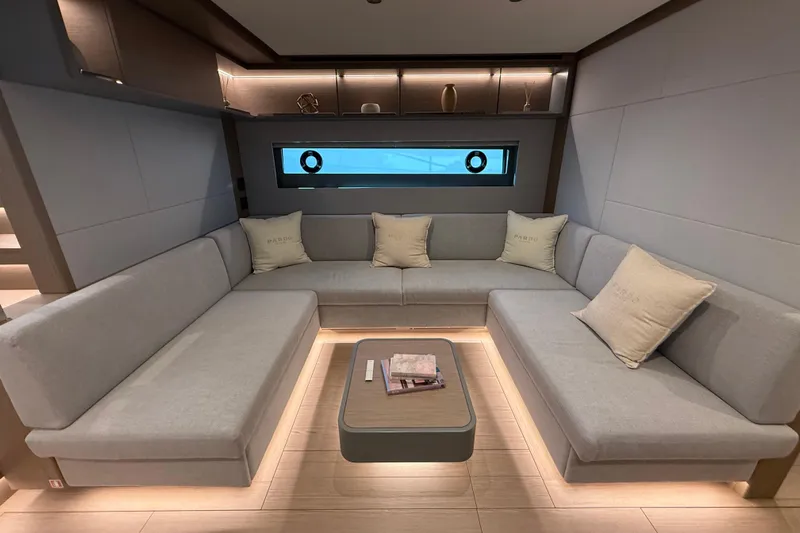  Yacht Photos Pics Luxurious interior of 2026 Pardo Yachts GT75 with elegant gray seating and modern decor.