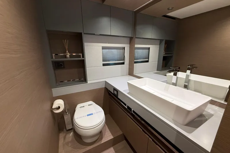  Yacht Photos Pics Luxurious bathroom interior of 2026 Pardo Yachts GT75 with modern fixtures and elegant design.
