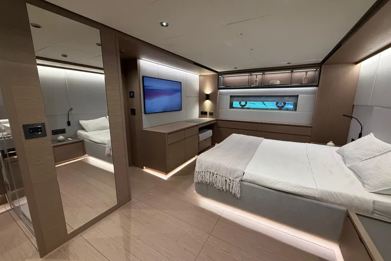  Yacht Photos Pics Luxurious interior of 2026 Pardo Yachts GT75 with modern bedroom design.