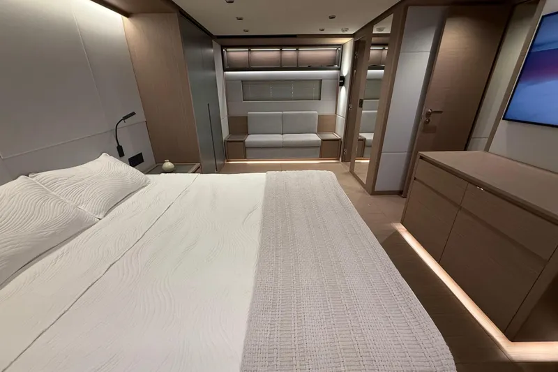  Yacht Photos Pics Luxurious interior of 2026 Pardo Yachts GT75, featuring elegant bedroom design.