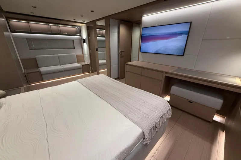  Yacht Photos Pics Luxurious interior of 2026 Pardo Yachts GT75 featuring modern bedroom design and sleek furnishings.