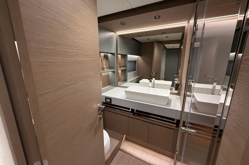  Yacht Photos Pics Luxurious bathroom interior of 2026 Pardo Yachts GT75 with modern fixtures and elegant design.