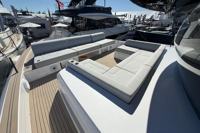  Yacht Photos Pics Luxurious 2026 Pardo Yachts GT75 with spacious deck seating at a marina.