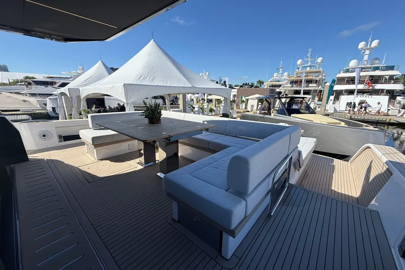  Yacht Photos Pics Luxurious 2026 Pardo Yachts GT75 deck with elegant seating and table setup.