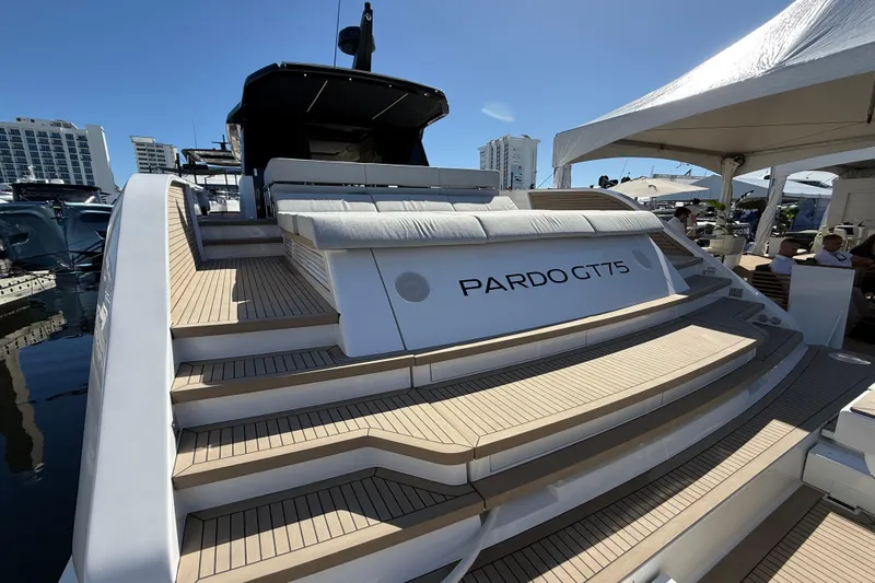  Yacht Photos Pics Luxury 2026 Pardo Yachts GT75 with sleek design at marina under clear blue sky.