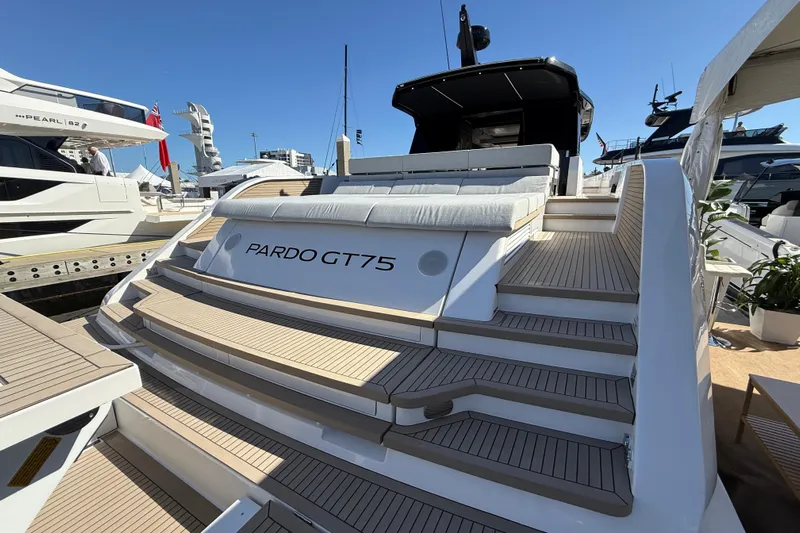  Yacht Photos Pics 2026 Pardo Yachts GT75 luxury yacht with elegant deck design at marina.