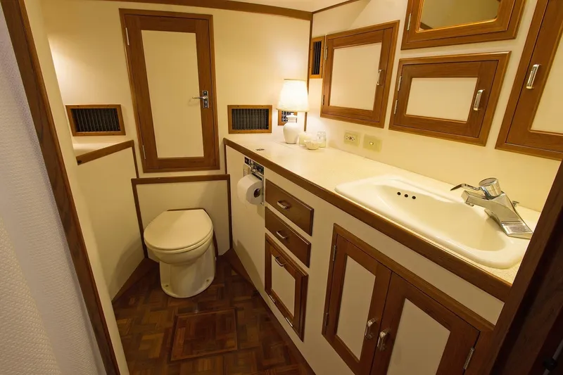 Just Right Yacht Photos Pics 2004 Dettling Express Cruiser bathroom with wooden cabinetry and modern fixtures.