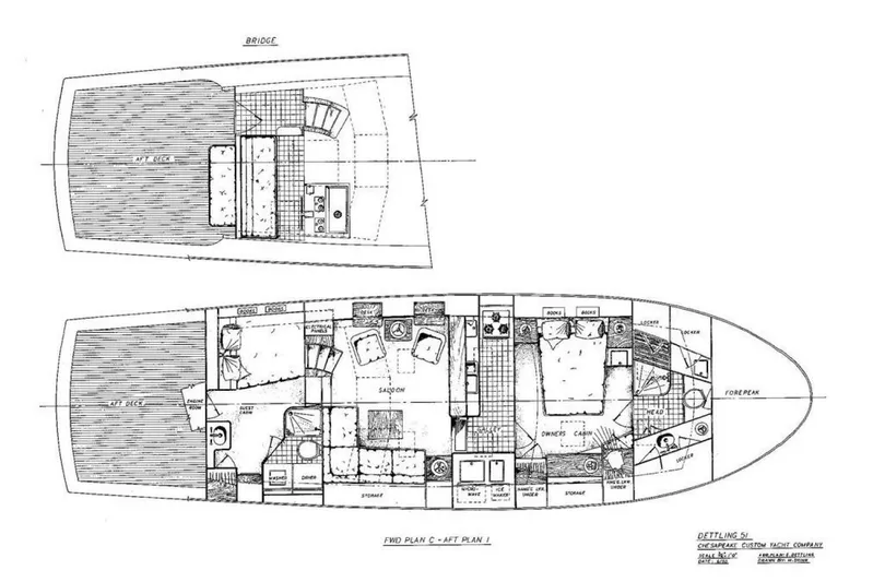 Just Right Yacht Photos Pics 2004 Dettling Express Cruiser floor plan with detailed layout of bridge and cabins.