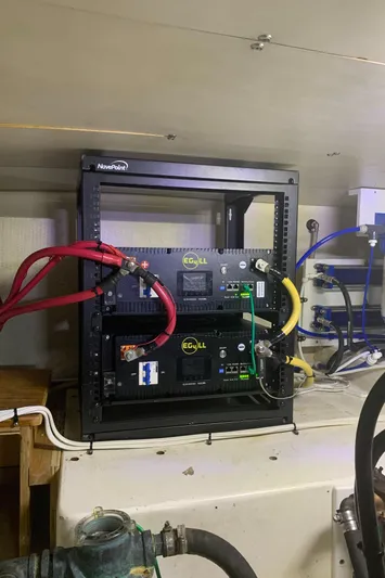 Lazy Days Yacht Photos Pics Electrical system setup in a 2005 Great Harbour GH37 boat, featuring cables and equipment.