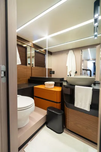 Salina Yacht Photos Pics Luxurious 2024 Azimut S7 yacht bathroom with modern fixtures and elegant design.