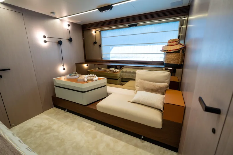 Salina Yacht Photos Pics Luxurious interior of 2024 Azimut S7 yacht with modern seating and elegant decor.
