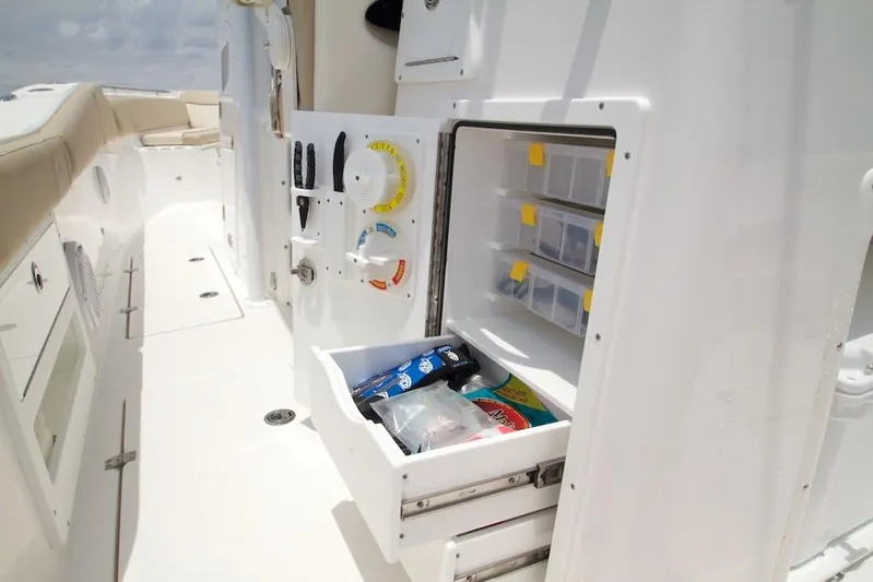 Yacht Photos Pics Manufacturer Provided Image: 2018 Sea Fox 328 Commander fishing tackle storage compartment with open drawers.