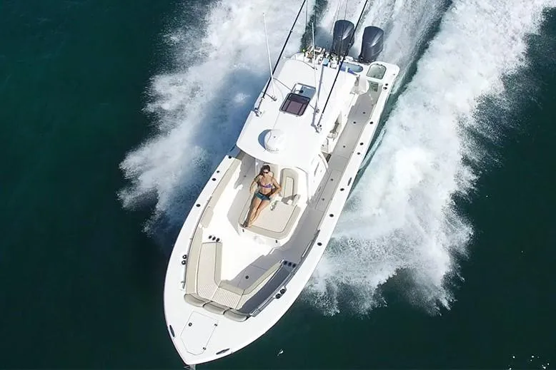  Yacht Photos Pics Manufacturer Provided Image: 2018 Sea Fox 328 Commander boat cruising on water, aerial view.