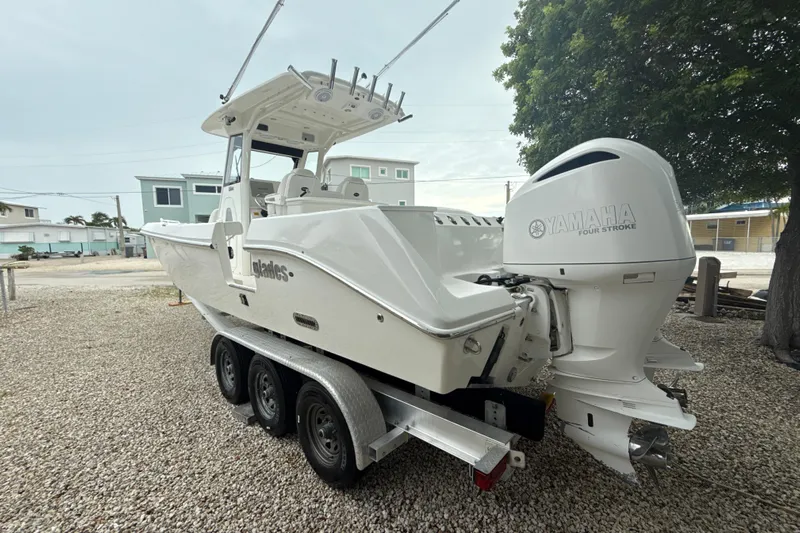  Yacht Photos Pics 2016 Everglades 295 Center Console boat with Yamaha engine on a trailer.