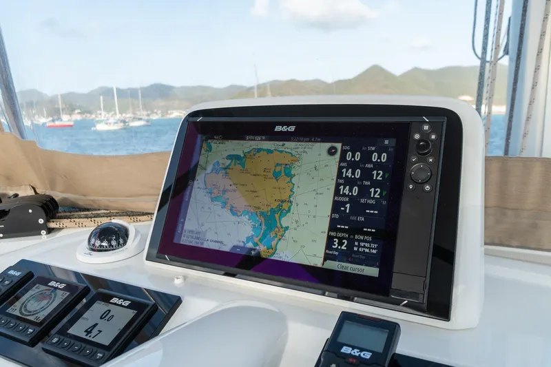 Altitude Adjustment Yacht Photos Pics Navigation system on 2022 Lagoon 46 catamaran, displaying nautical charts and data.