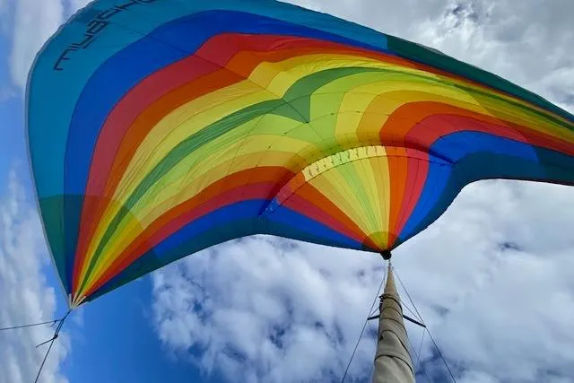 Altitude Adjustment Yacht Photos Pics Colorful spinnaker sail on Lagoon 46 yacht, 2022 model, against a cloudy sky.