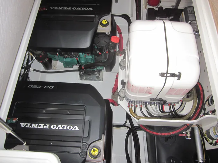  Yacht Photos Pics Engine compartment of 2019 Jeanneau NC 33 with Volvo Penta engines.