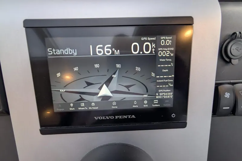 Tender Garage & Hi/lo Swimplatform Yacht Photos Pics Volvo Penta display on 2022 Fairline Targa 45 GT showing navigation and speed data.