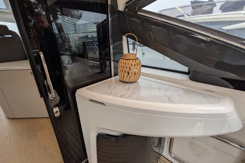 Tender Garage & Hi/lo Swimplatform Yacht Photos Pics Interior of 2022 Fairline Targa 45 GT yacht with elegant marble countertop.