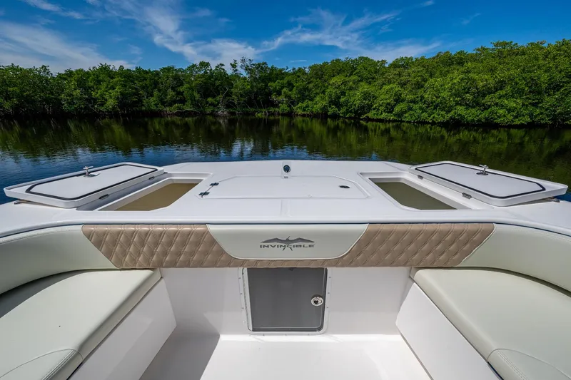 Gotta Go Yacht Photos Pics 2025 Invincible 37 Catamaran interior with storage compartments, surrounded by lush greenery and calm water.