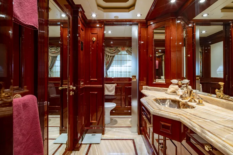 Richar Yacht Photos Pics Luxurious yacht bathroom with marble countertops and rich wood finishes, CRN 185, 2008 model.
