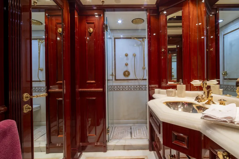 Richar Yacht Photos Pics Luxurious yacht bathroom with rich wood paneling and elegant fixtures, CRN 185, 2008 model.