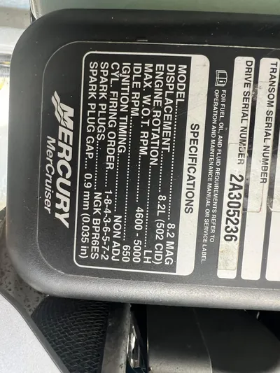 Knot A Care Yacht Photos Pics Mercury MerCruiser engine specifications label on 2015 Cruisers Yachts 350 Express.